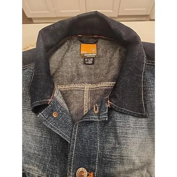 Akademiks Jean Jacket Mens 3XL Blue Denim Button Up Long Sleeve Y2K Hiphop - Picture 2 of 14